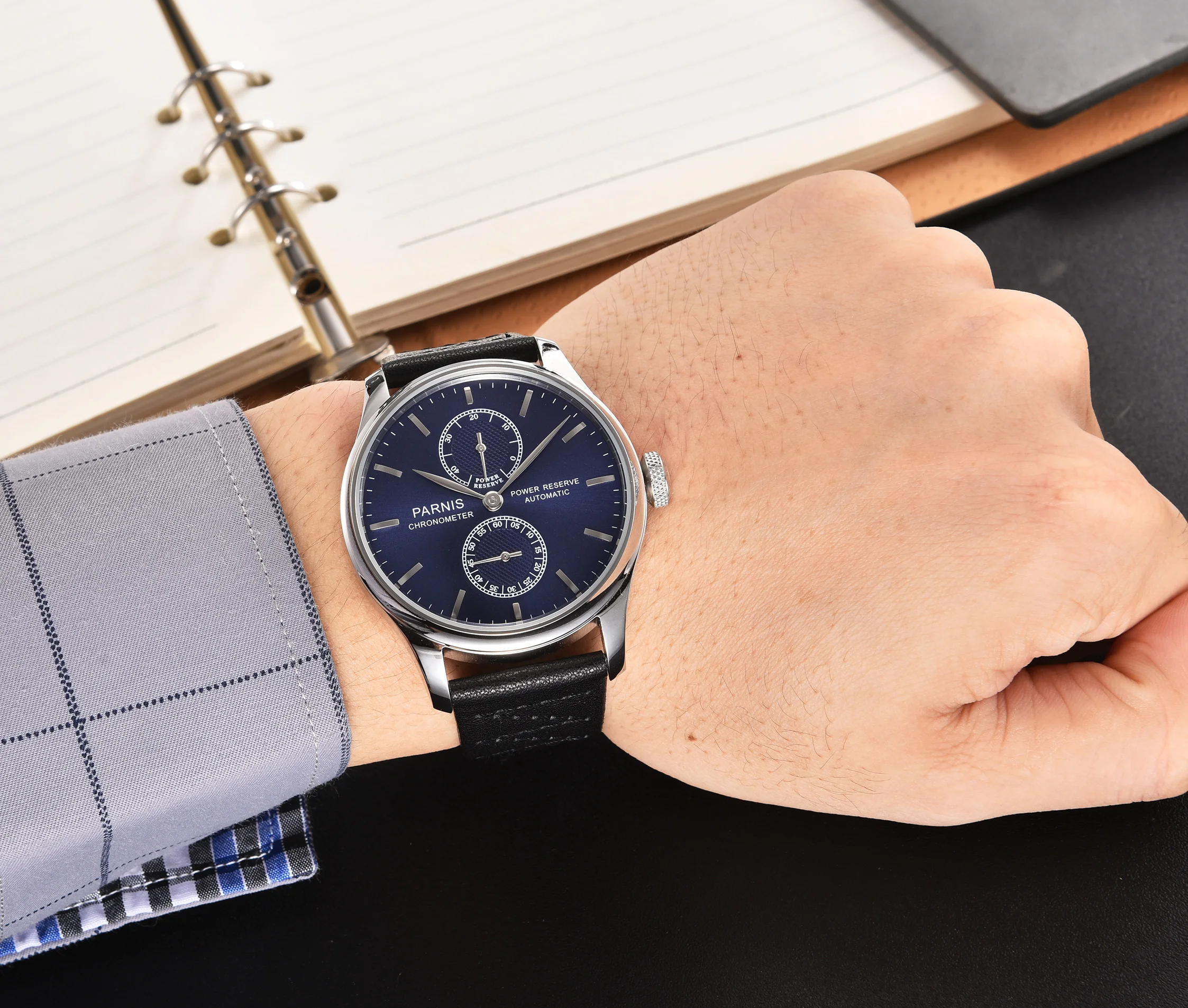 Мужские автоматические часы PARNIS 43 мм с индикатором заряда классический