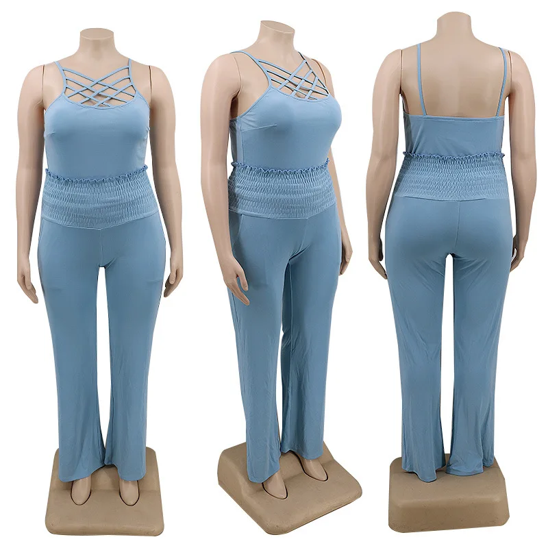 

Plus Size Women's Clothing Casual Fashion Sleeveless Sling Stitching Hollow Folds Elastic Waist Two Piece Wholesale Pant Set