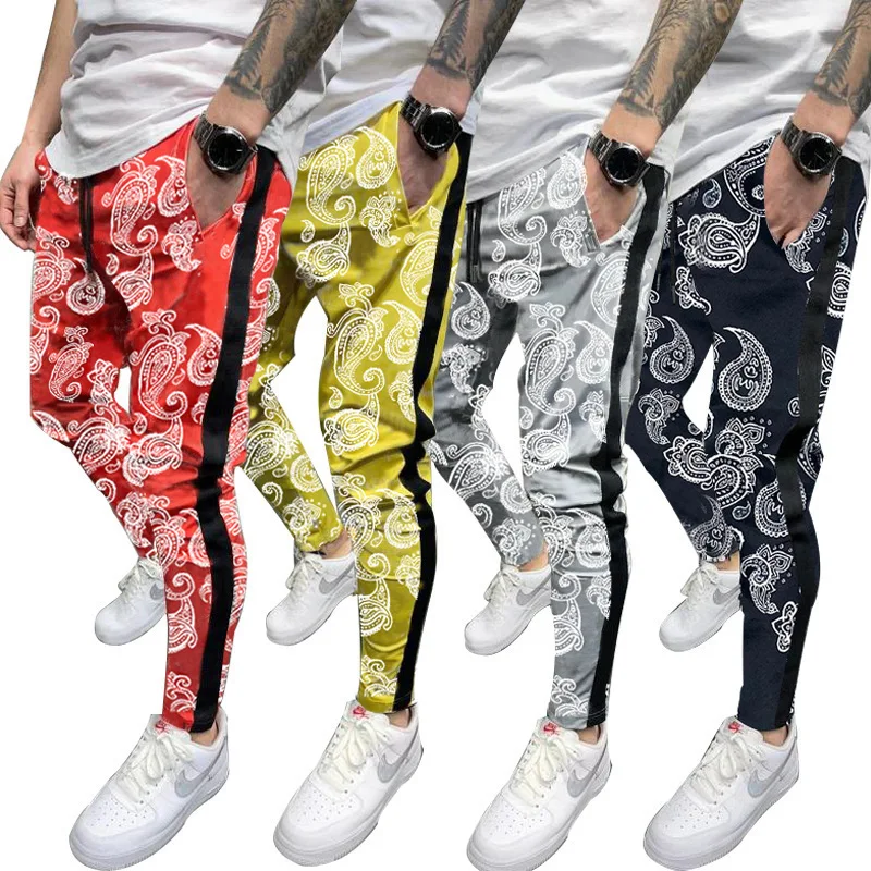 

2021 European and American style four seasons trend beam feet new personality pattern medium waist men's fight casual trousers