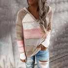 Женский полосатый свитер с капюшоном, пуловер контрастных цветов с длинным рукавом и V-образным вырезом, Осень-зима 2020