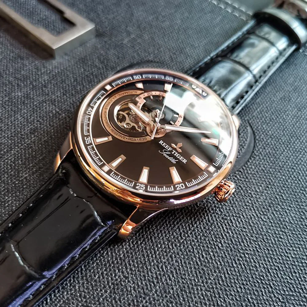 Мужские наручные часы Reef Tiger/RT повседневные с черным циферблатом автоматические