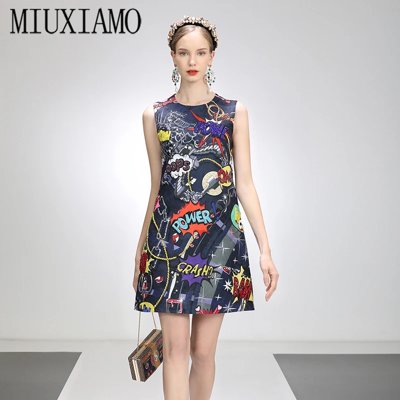 

MIUXIMAO 2021 весна-лето вечернее платье с мультяшными цветами бриллиантами выше колена офисное женское черное Повседневное платье женские плат...