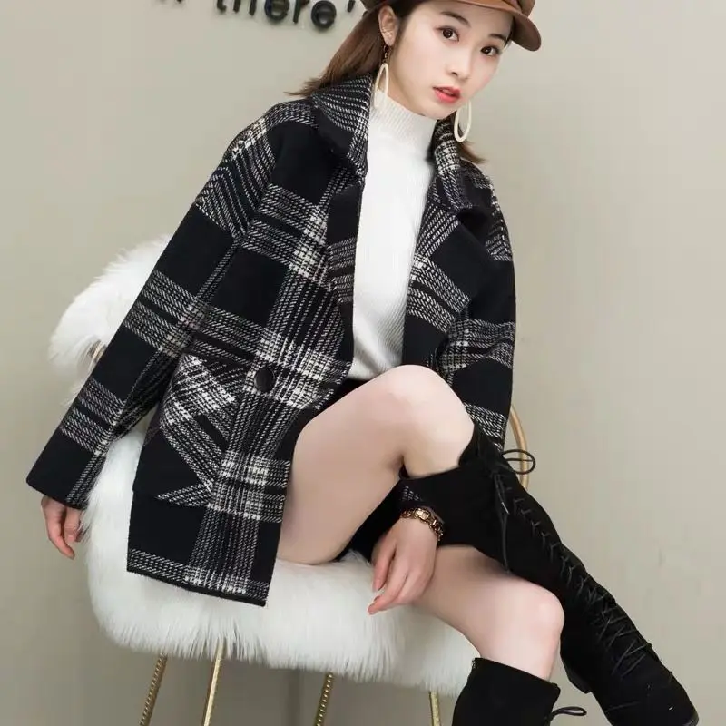 Женский свободный вязаный свитер повседневный плотный теплый кардиган в клетку