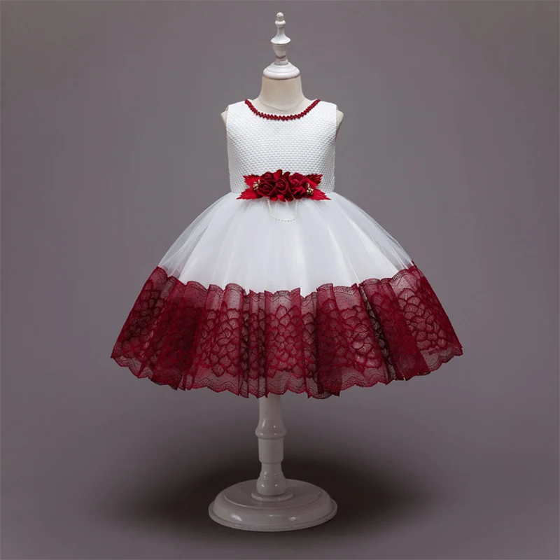 

2021 Girls Princess Lace Dresses 2-10Years Old Flower Applique Net Yarn Lace Puffy Dress Performance Costume Wedding Party Dress