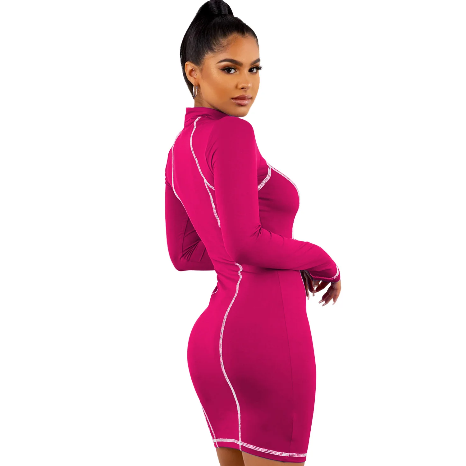 Женское облегающее платье с длинным рукавом V-образным вырезом и молнией |