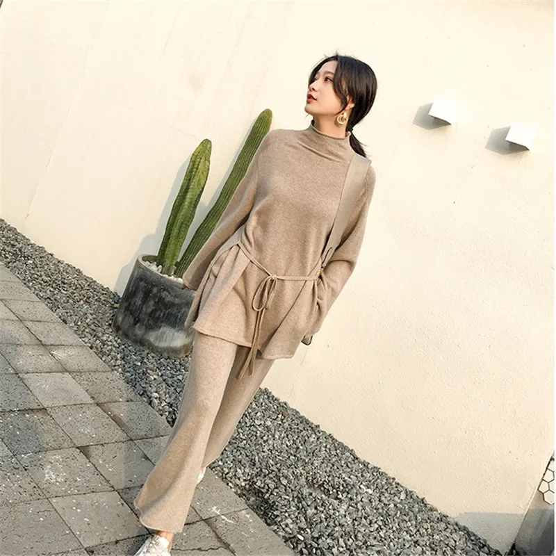 

Two Piece Outfits for Women Turtleneck Long Sleeve Side Split Lace Up Knitted Sweater + Wide Leg Pants Solid Sets Clothes