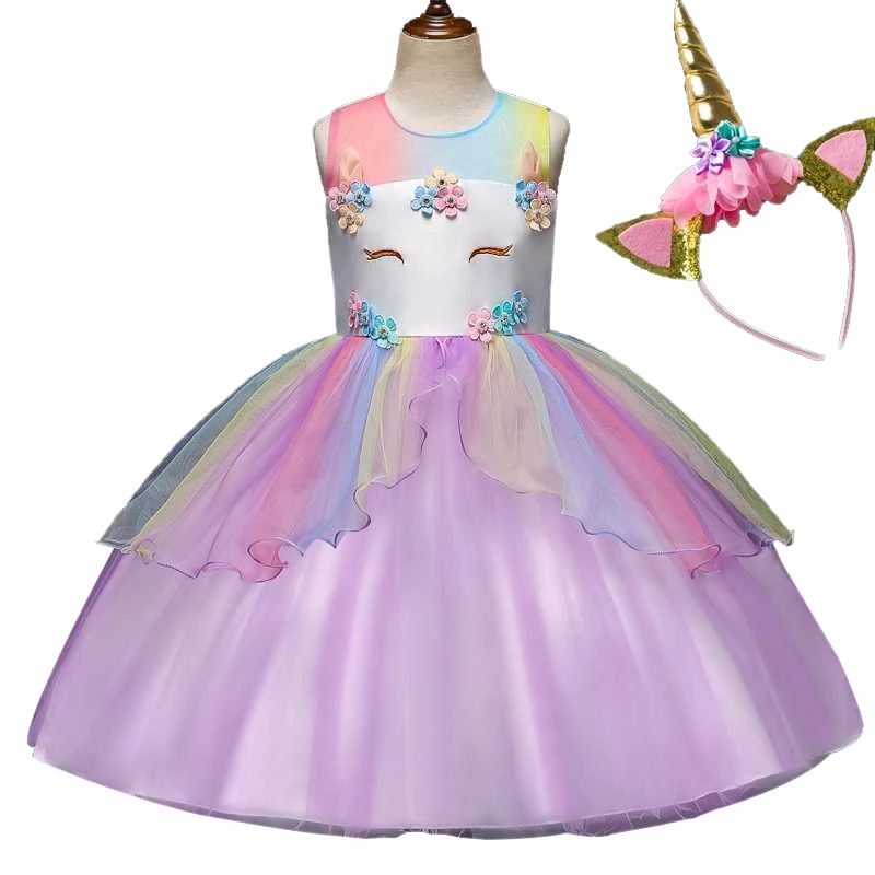 2019 Girl Unicorn Peng Rainbow Princess Children's Birthday Christmas Girl's Dress Wedding Party Детская одежда и обувь