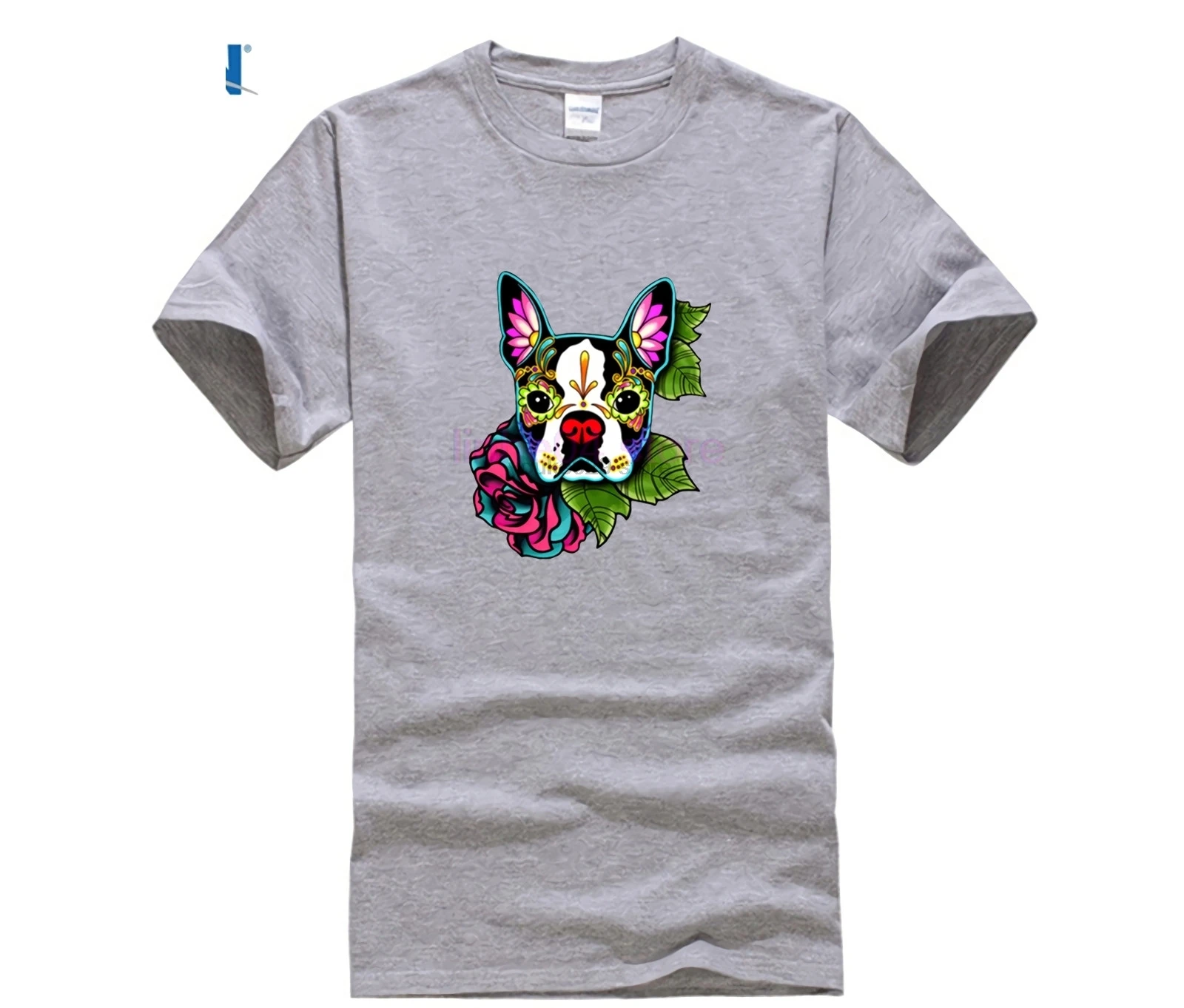 Бостон-терьер День мертвых сахара череп собака футболка для мужчин последний