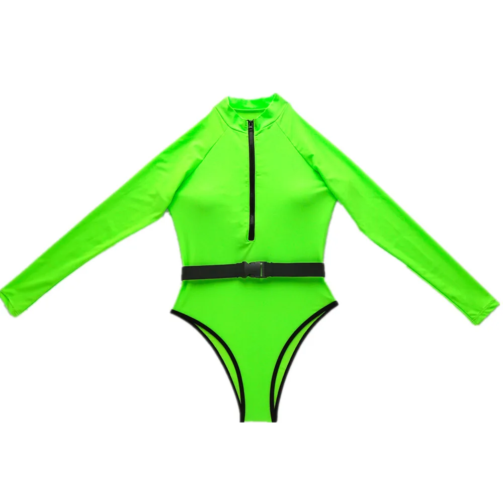 

2021 New Sexy Neon Long Sleeve One-piece Swimsuit Surfing Suit Women Swimwear Bathing Suit Rash Guard Surfing Swimming Suit