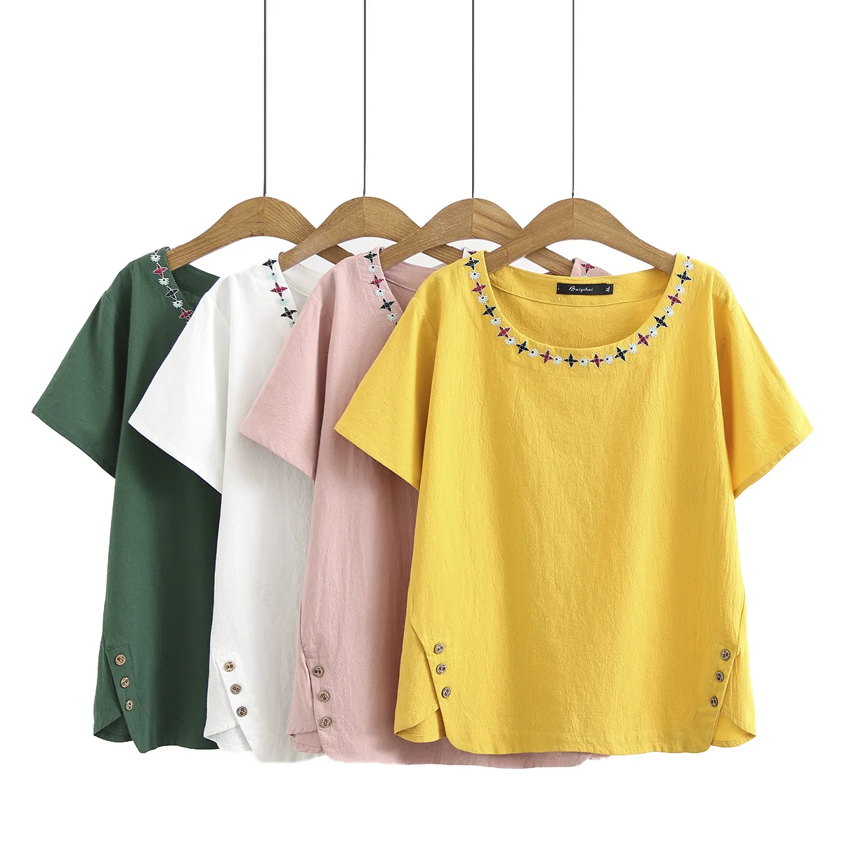 

Летняя футболка, женская одежда, футболки 2021, повседневные женские топы, вышивка с коротким рукавом и круглым вырезом, хлопковая линия, Camiseta ...