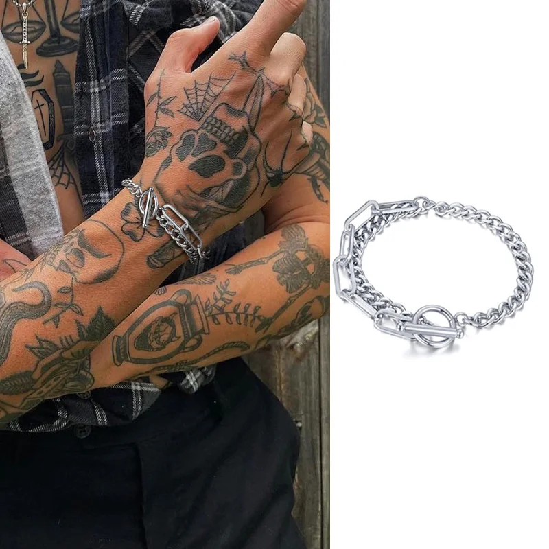 

Men Bracelet Cuban Chain Bracelets Half Paperclip Hera Link Brazalets Stainless Steel Silver Color Bangle Gift Husband Boyfriend