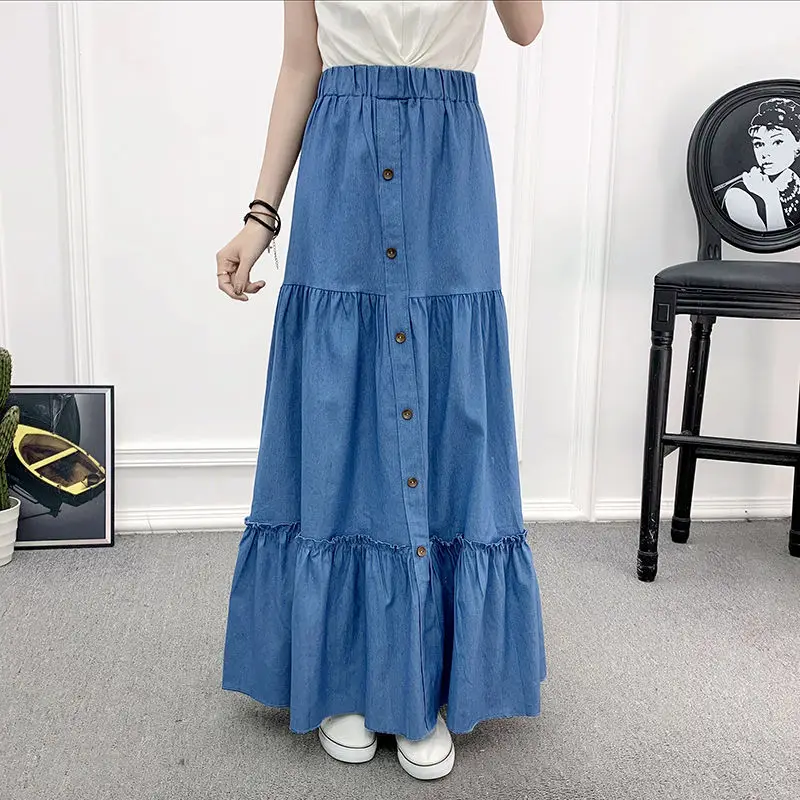 

90cm Length Denim Skirts Womens 2021 Spring Elastic High Waist Button Shirring Patchwork Ruffle Long Maxi Skirt Beho Jeans Falda