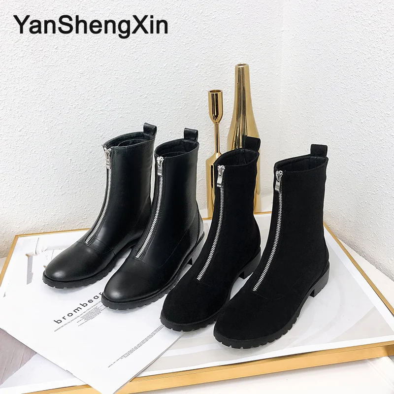 YANSHENGXIN/Женская обувь; женские ботинки; Ботинки martin на молнии спереди в интернете; женская обувь на плоской подошве; ботинки осень-зима; женские ботинки