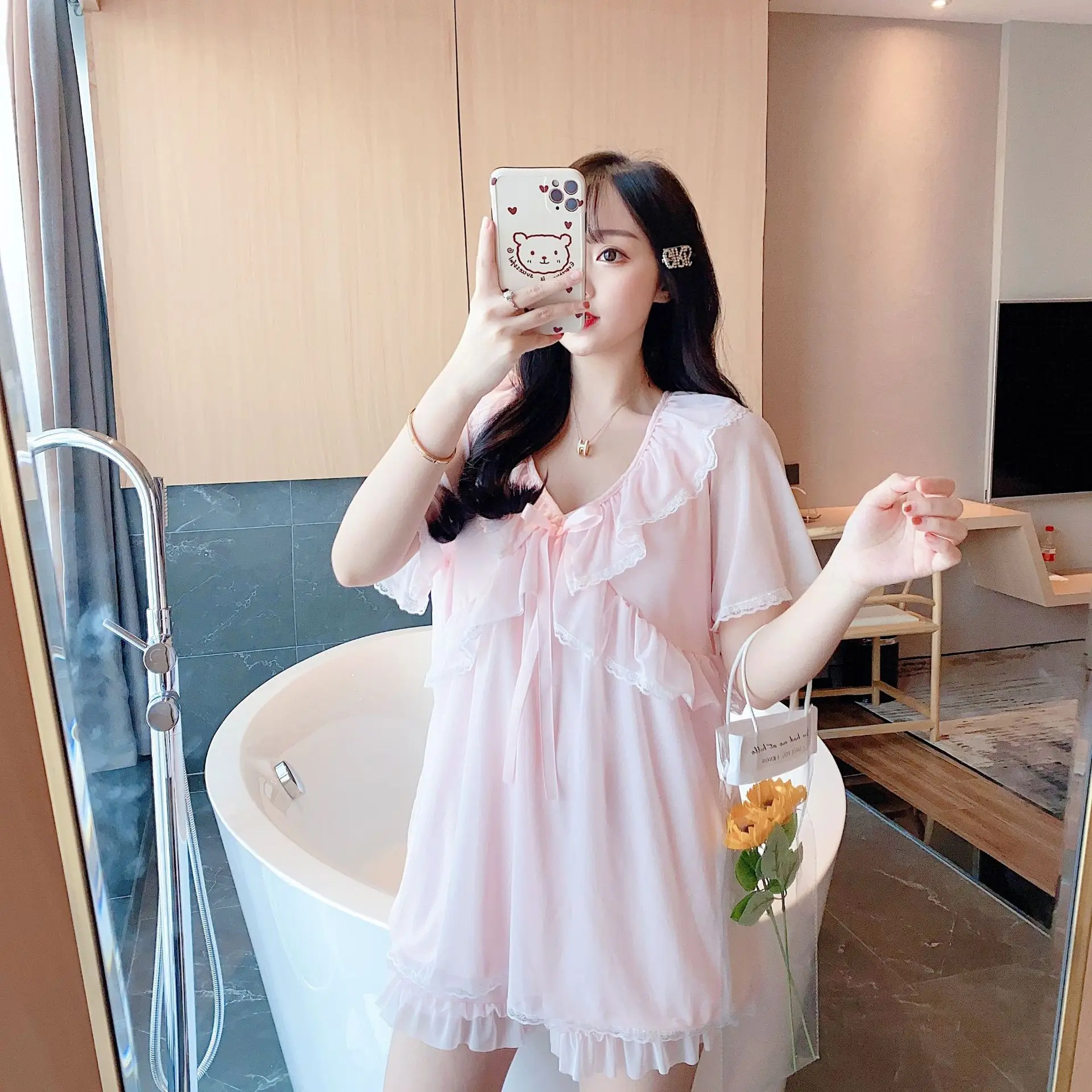 Women's Pajamas Set Summer Ice Ribbon Bra Lovely Pure Cotton Nightwear Princess Style Palace 2Pcs Suit Home Wear Sexy Sleepwear