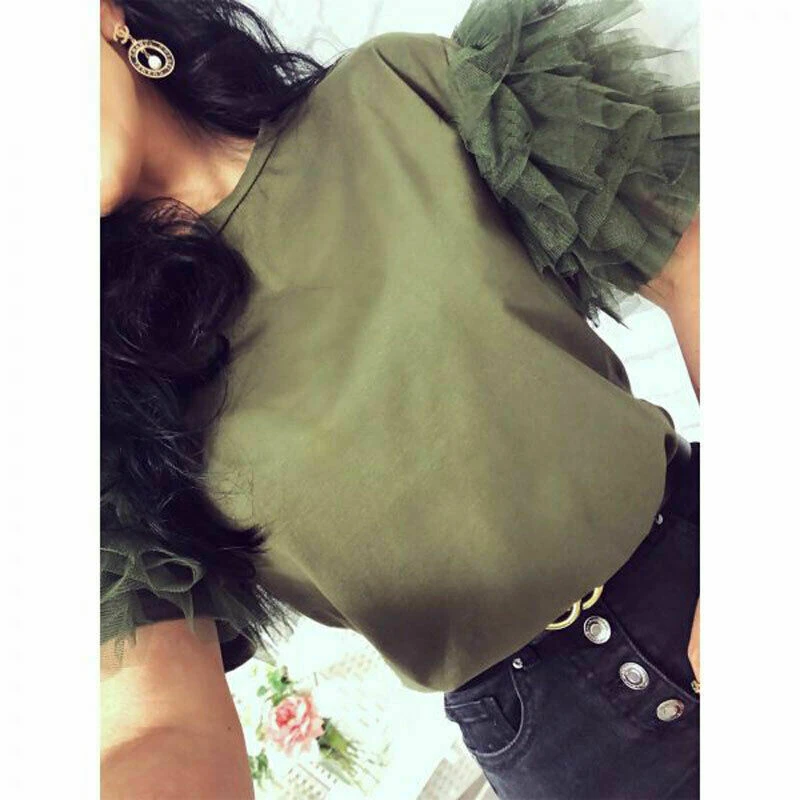 Женская Кружевная футболка с коротким рукавом вечерние футболки из тюля