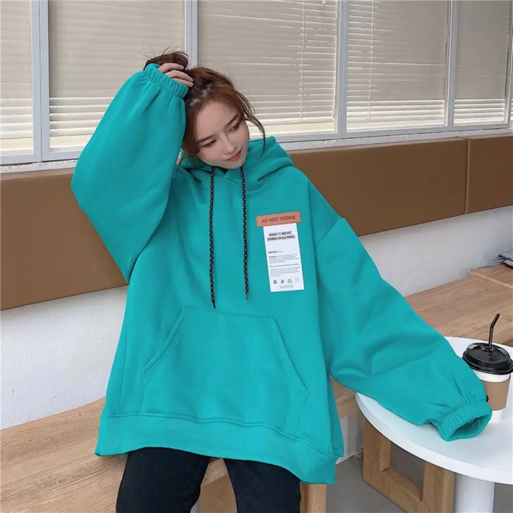Women Autumn Long Sleeve Solid Color Oversize Plush Thick Warm Hoodie Sweatshirt
