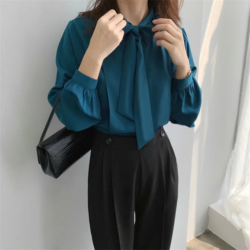 

HziriP Basic Shirt Women 2021 New Autumn OL Elegance Chic Chiffon Blouses Long Sleeve Lace Up Bow Collar All Match Loose Shirts