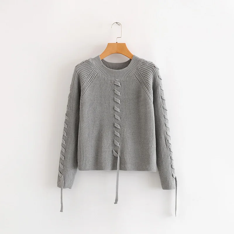 Женский вязаный пуловер с круглым вырезом повседневный однотонный длинными