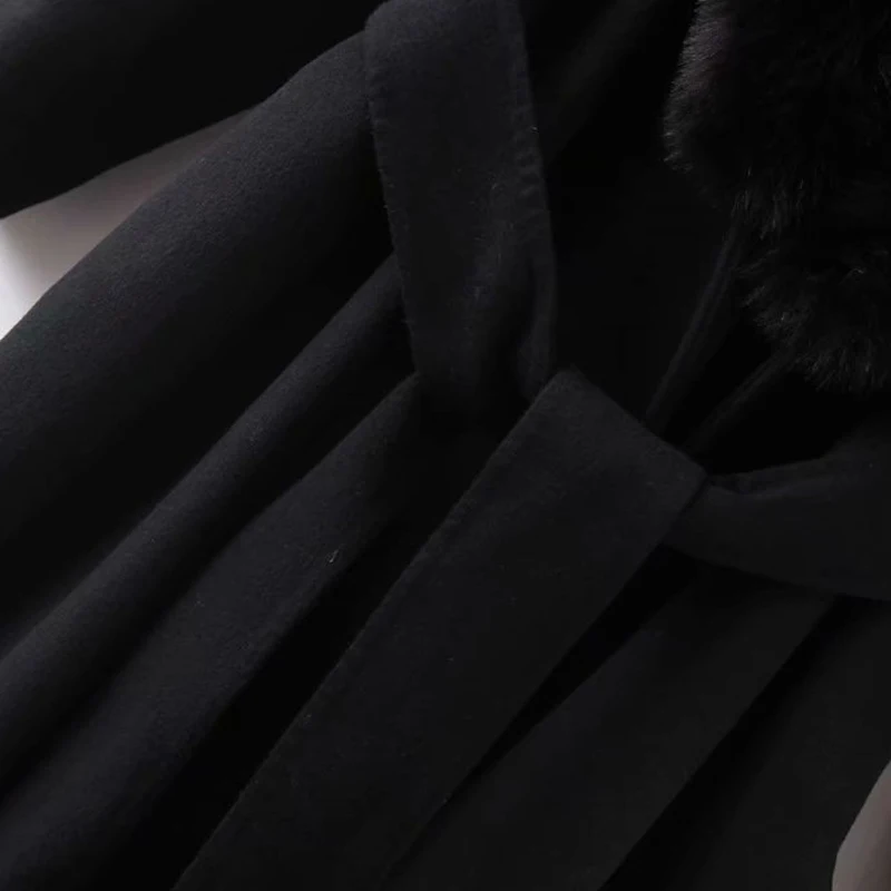

New Autumn Winter Woolen Coat Women's Solid Big Fur Collar Fashion Women Jacket Loose Belt Long Overcoat Female Casual Wool Coat