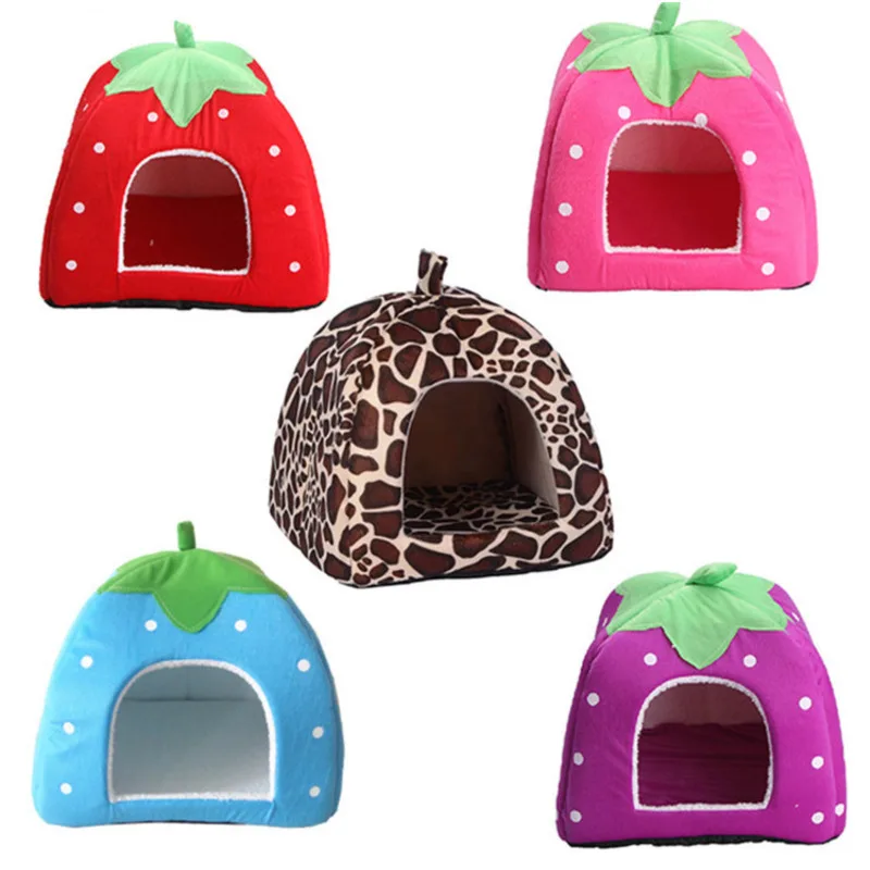 

Cute Dogs House Strawberry Kennel Bed For Dogs Cats Animals Foldable Leopard Bed Warm Animal Nest Home Decoration Accessories