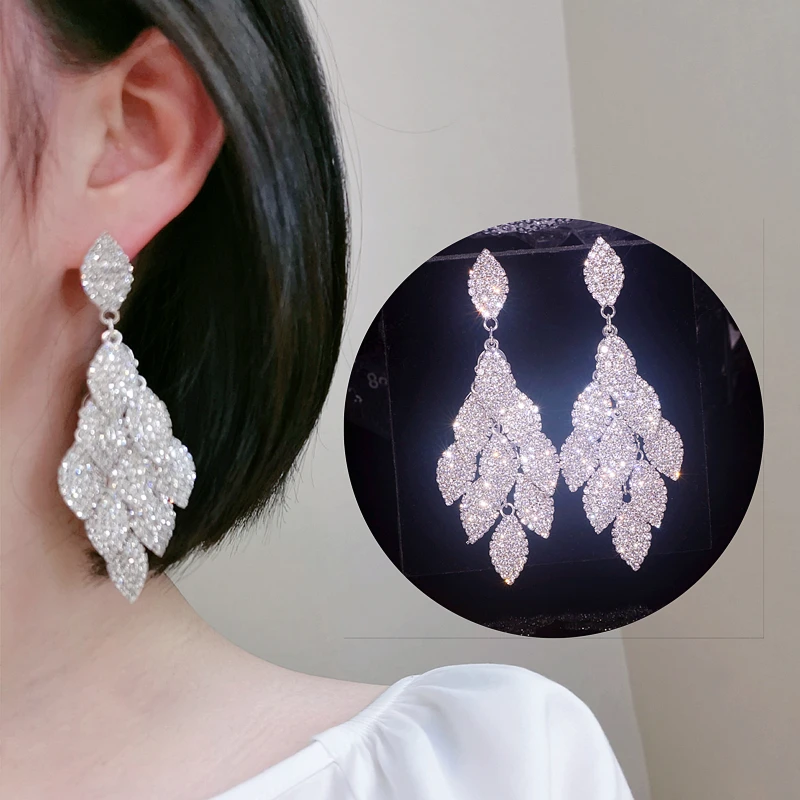 Новый Модный Элегантный Стразы лист большие длинные свисающие серьги для женщин