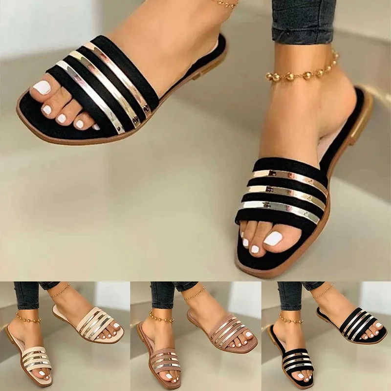 Ladies Fashion Summer Open Toe Square Toe Flat Slippers Beach Shoes women elegant  sandals shoes for women 2021 sandals summer