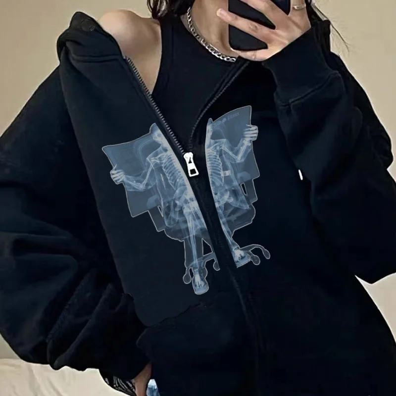 

y2k sweatshirt aesthetic gothic print zipper hoodie punk hip hop high street cardigan dark black long-sleeved women's clothing