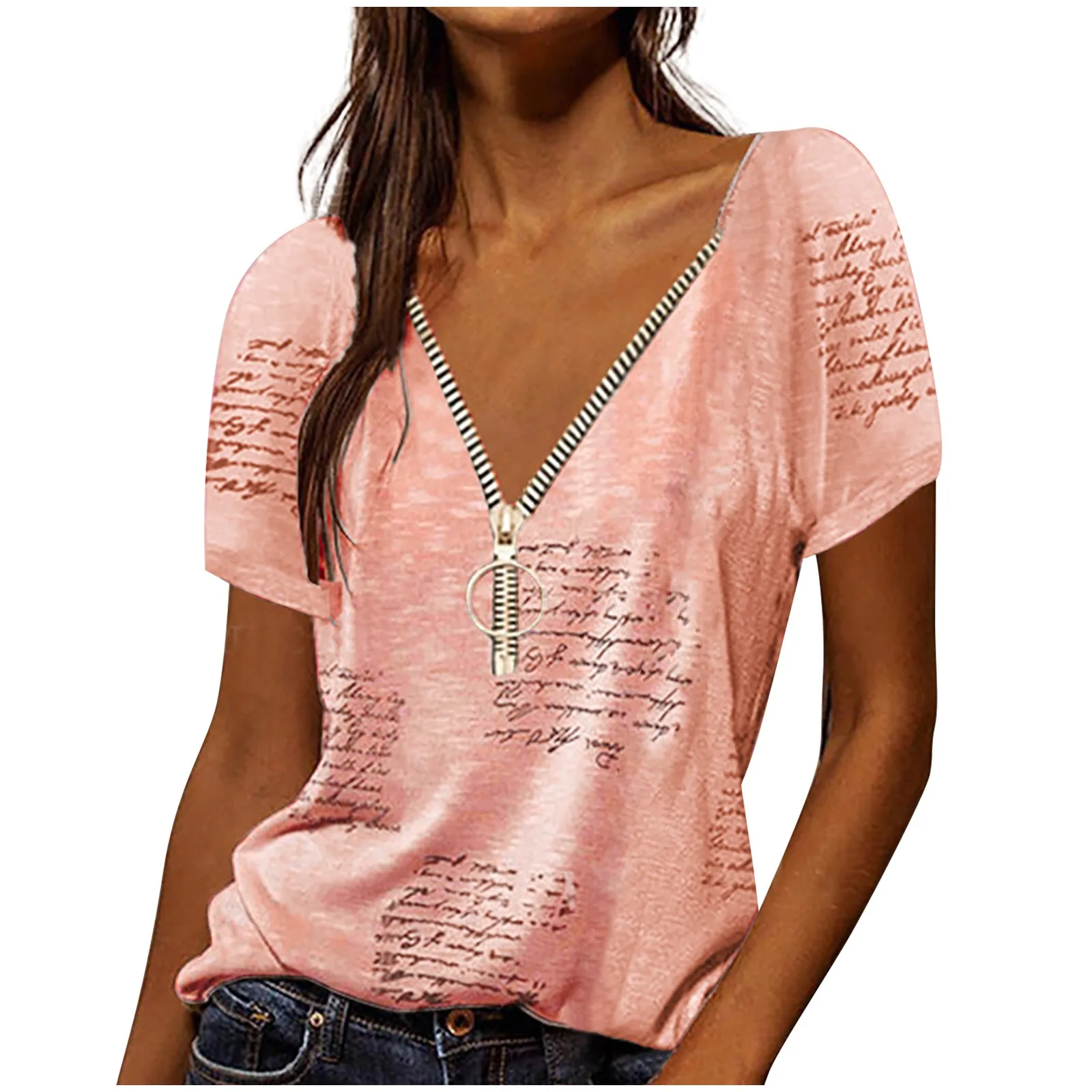 

Plus Size Fashion Zipper Blouses Shirts V-Neck Short Sleeve Women Blouses And Tops Summer Casual Female Pullover Tops Blusas
