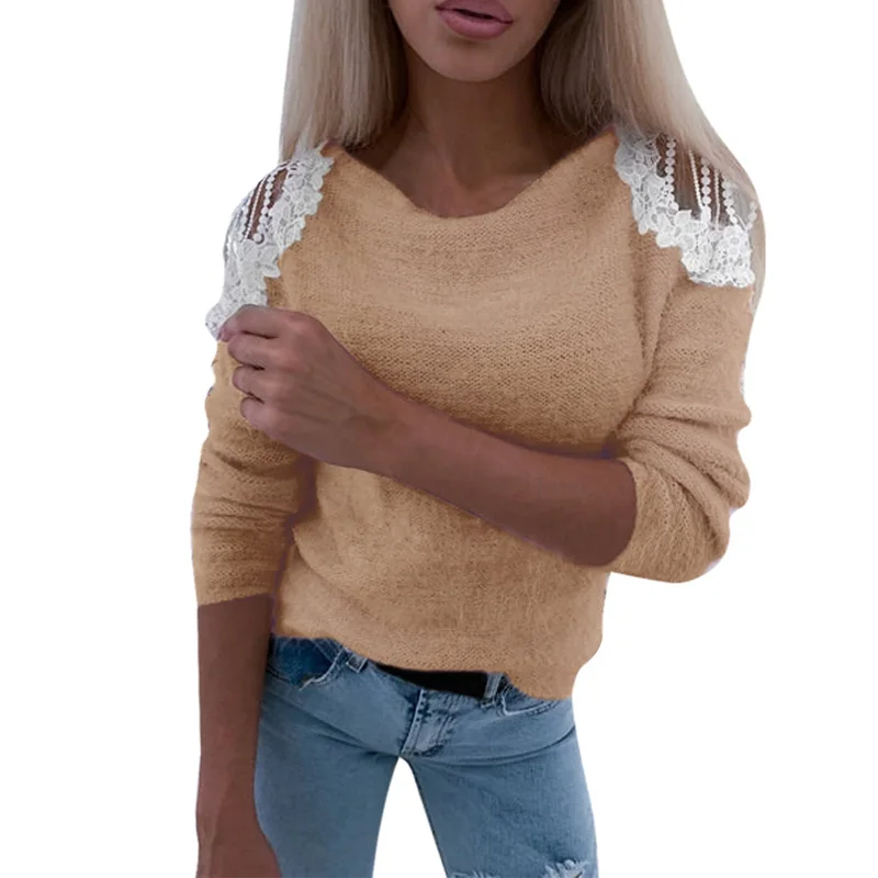 Plush Beading Lace Patchwork Hollow Out Long Sleeve Women Autumn Knitted Pullovers Femme Solid Elegant Sweater Tops SJ4894U | Женская