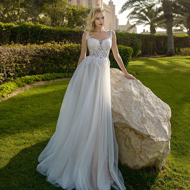 

Graceful Sleeveless Wedding Dresses 2021 Scoop Backless Lace Applique Tulle Garden Open Back Bridal Gowns A-Line Robe De Mariee
