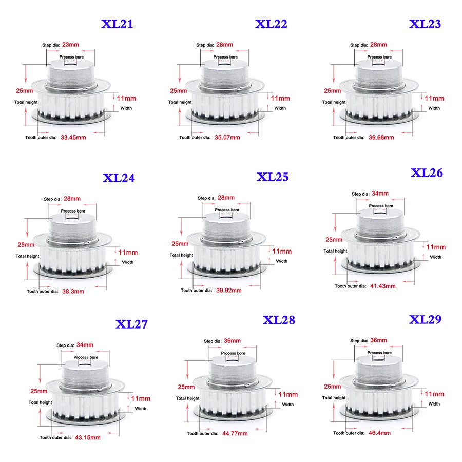 

XL 21 Teeth To 31 Teeth Synchronous Wheel Aluminum Alloy Synchronous Gear Motor Width 11mm Process Bore