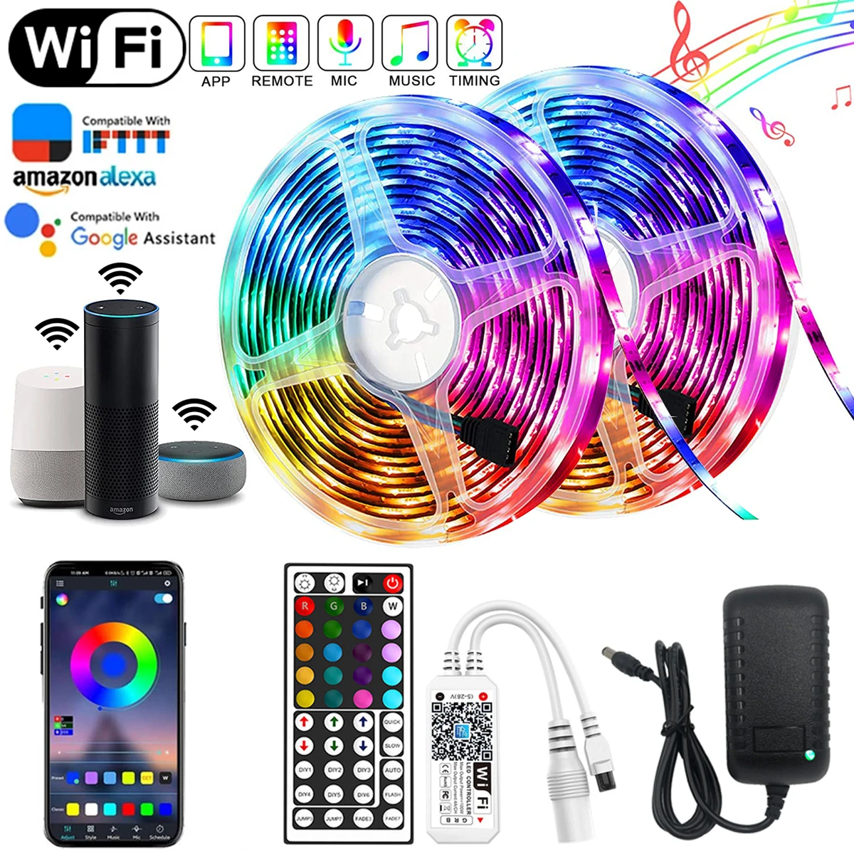 

LED Strips Lights Bluetooth Luces Led RGB 5050 SMD 2835 Flexible Waterproof Tape Diode 5M 10M 20M DC 12V Remote Control+Adapter