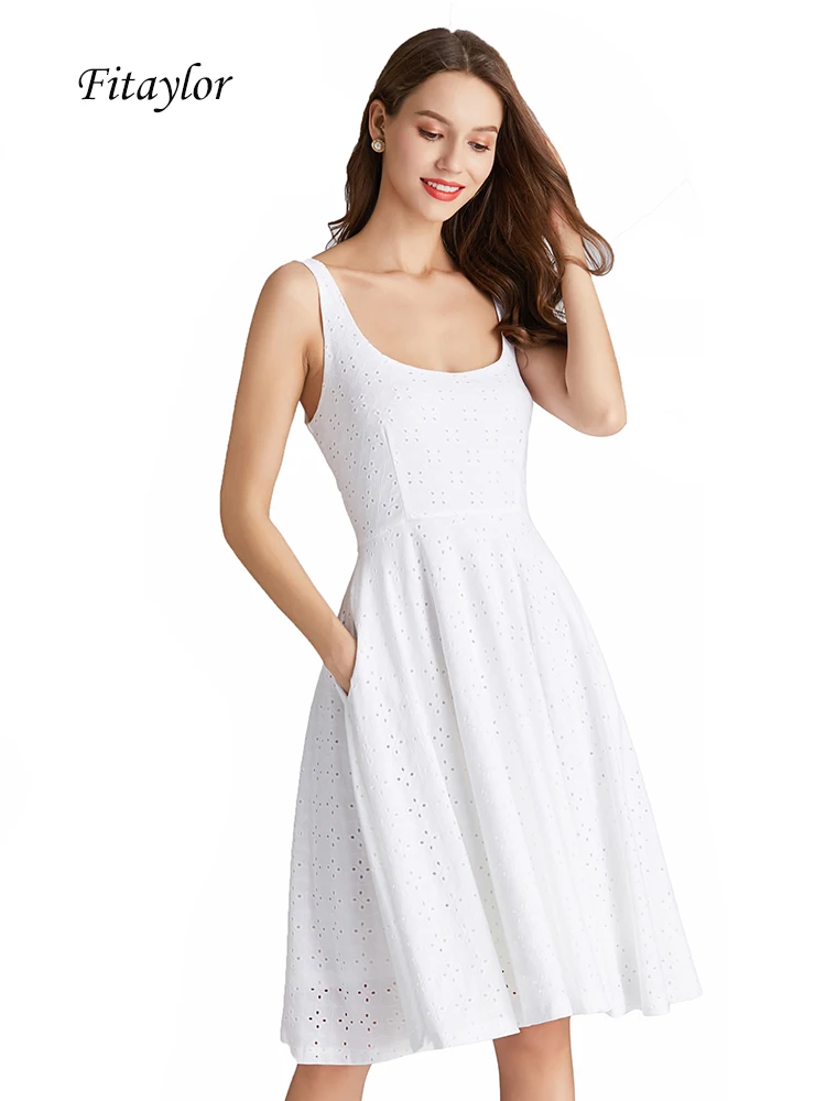 Женское жаккардовое платье Fitaylor белое ажурное без рукавов с цветочным принтом