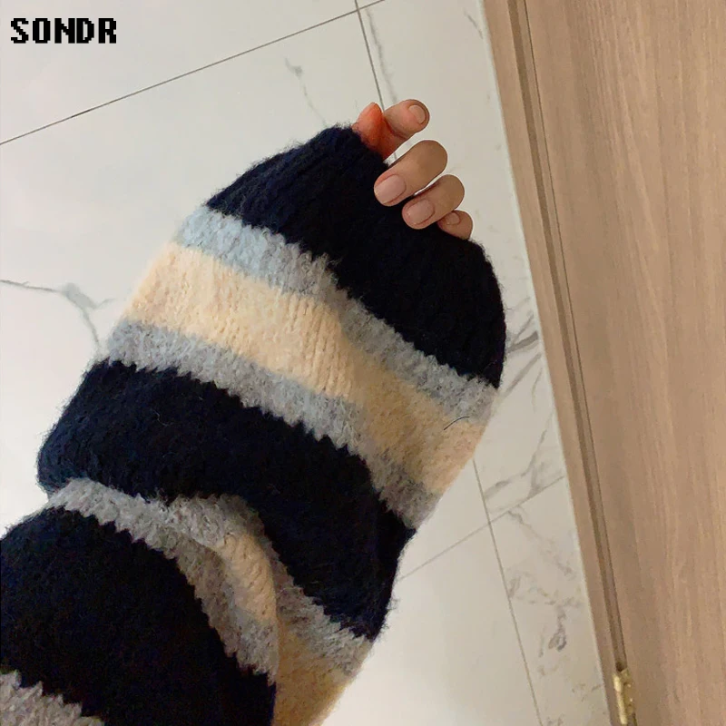 

Korean Woman Sweater 2020 Winter Western Style Round Neck Pullover Hit Color Striped Mohair Long-Sleeved Warm Sweater Women Tops