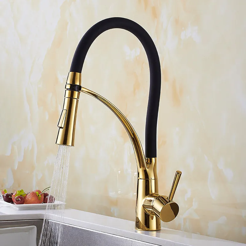 

Tuqiu Pull Down Kitchen Faucet Gold Hot and Cold Water Crane Mixer Deck Mounted Kitchen Sink Faucets with Rubber Design