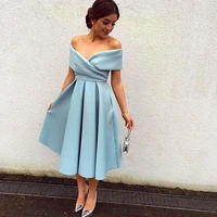 2020 new tea length simple sky blue off the shoulder pleated satin zipper formal party prom bridesmaid dresses