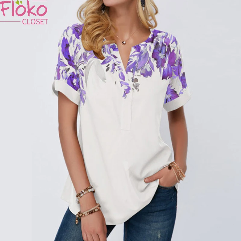 

Летняя Повседневная футболка Flokocloset, женские футболки с коротким рукавом, уличные топы с цветочным принтом и V-образным вырезом, свободные ф...