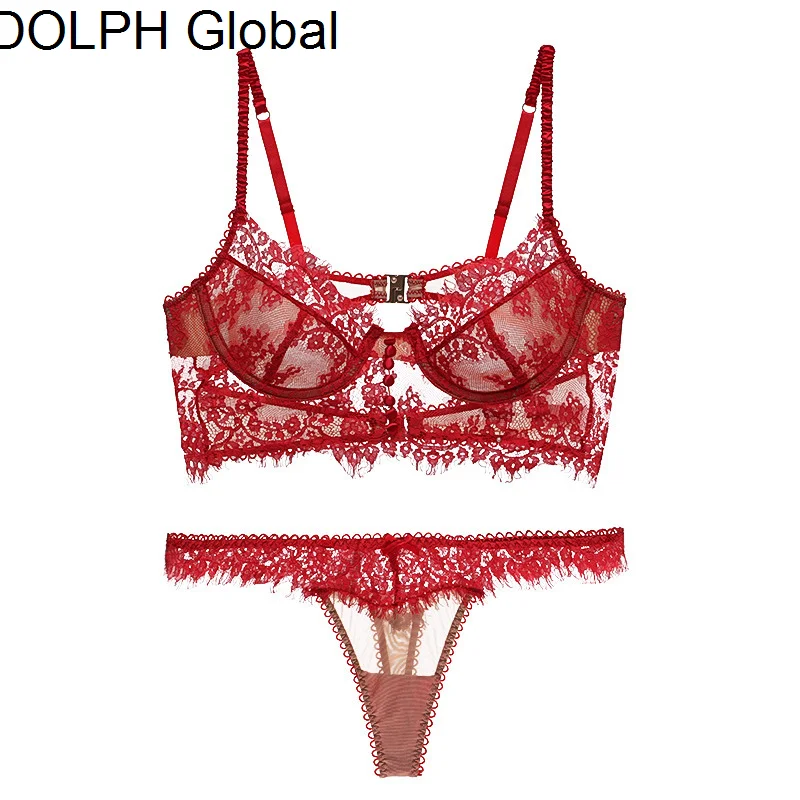 

Red sexy eyelash lace underwear back ultra thin bra set