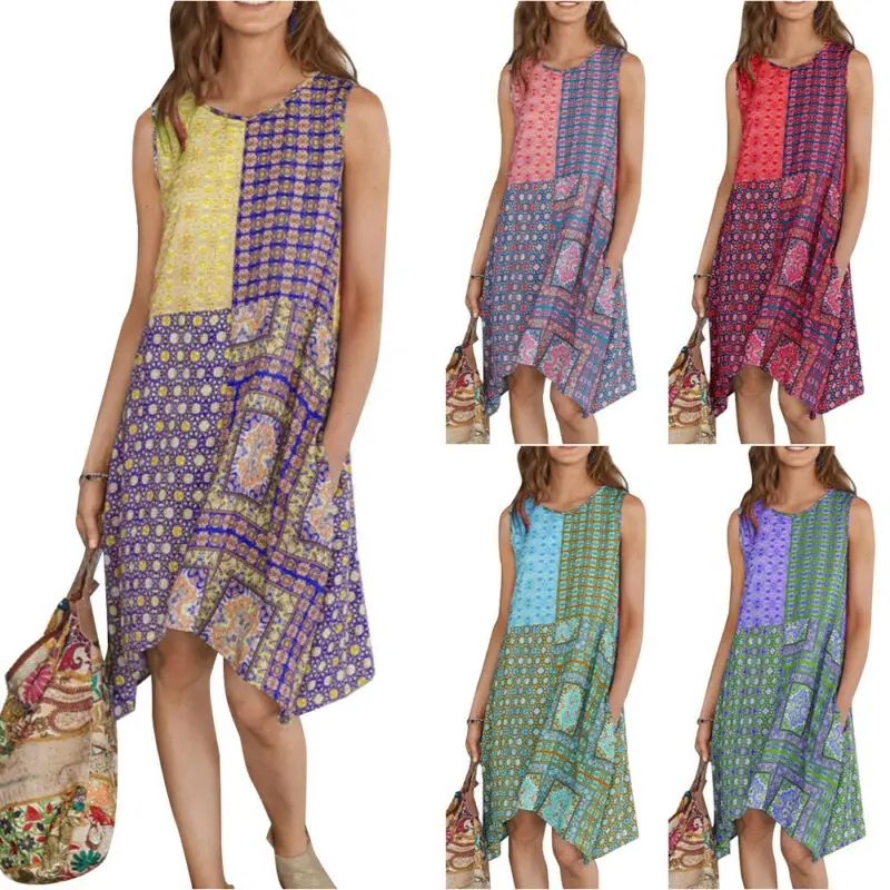 

VICABO Maxi Dress Womens Floral Boho Sleeveless Casual Beach Holiday Summer Sundress Retro Print Women's Tank Dresses