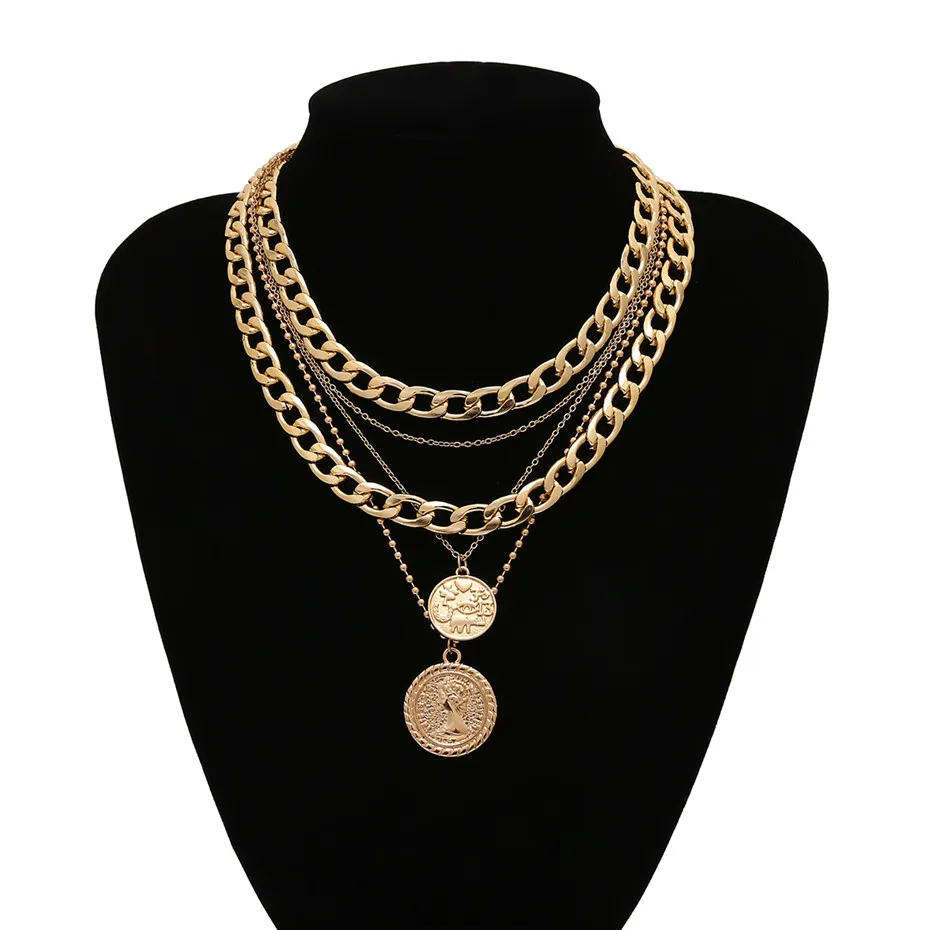 Necklace IngeSight.Z панковское многослойное кубинское массивное толстое портретное колье, женское винтажное резное ожерелье с подвеской в виде монеты, ювелирное изделие - Окраска металла: Necklace