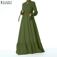 elegant solid maxi dress womens spring sundress zanzea 2021 casual ruffle vestidos female hollow robe femme belted