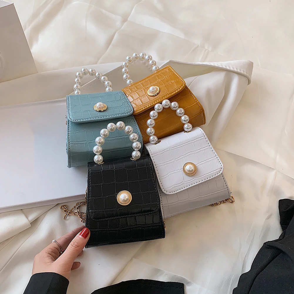 

Fashion Women Alligator Pattern Solid Color PU Leather Shoulder Crossbody Messenger Bag Casual Ladies Pearl Chain Mini Handbags