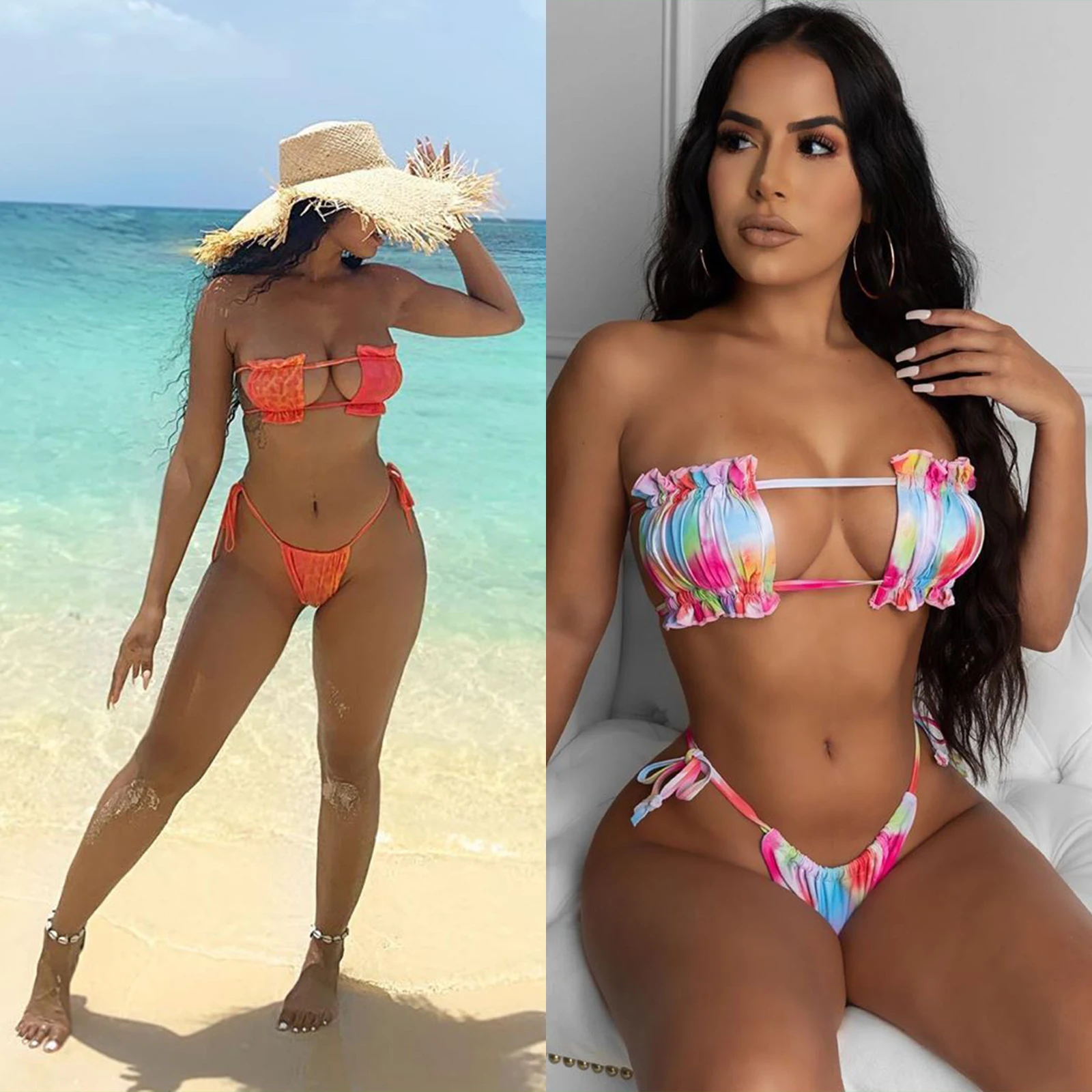 

Вареная ткань с леопардовым принтом, комплект бикини, сексуальный женский купальник, с кружевными оборками, без бретелек купальный костюм ...