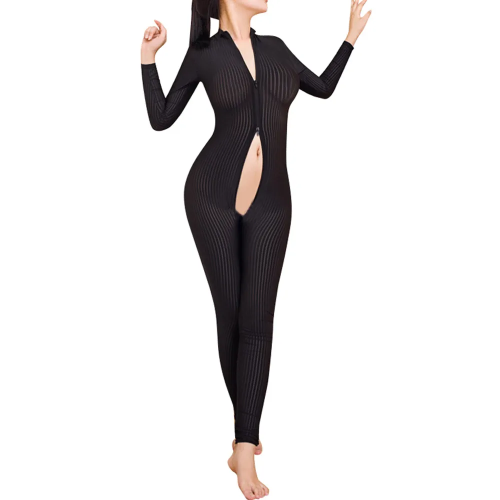 Пикантное боди на молнии с длинным рукавом и открытой промежностью нижнее белье