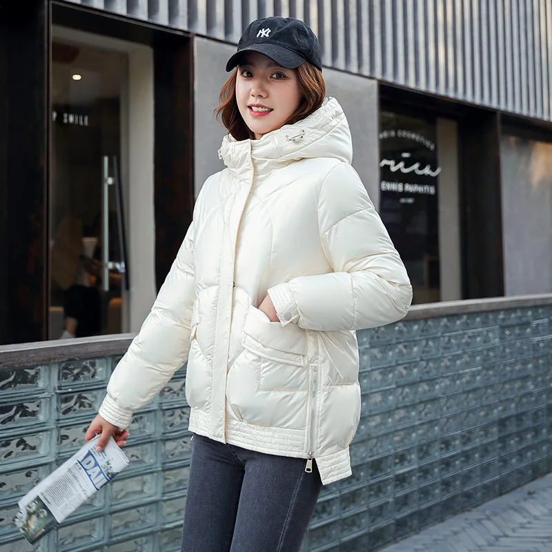 

2021 Short Hooded Parkas Fashion Warm Winter Jackets For Women Casual Gloosy Chic Coats Female Down Cotton Padded Outwear S217