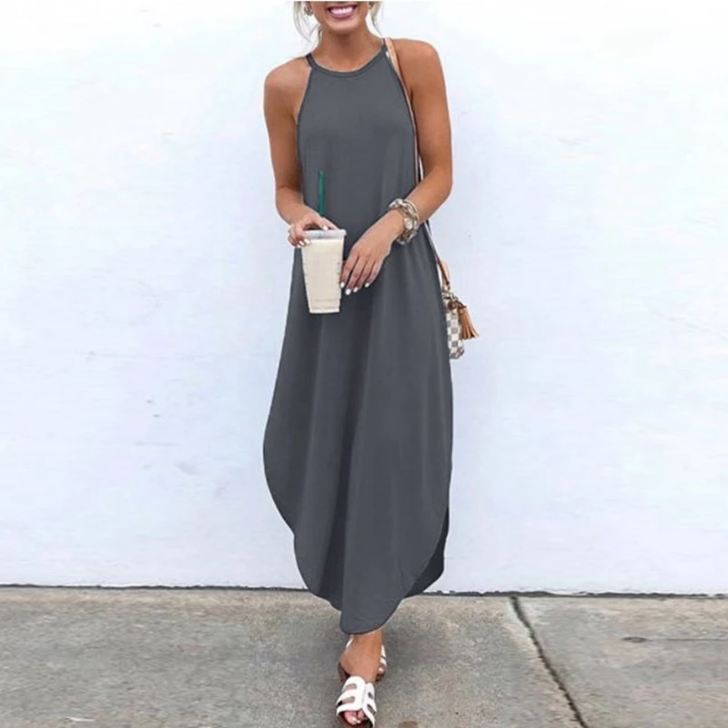 

2021 Spring Summer Sexy Casual Office Lady New O Neck Solid Sleeveless Long Dress Women Backless Holiday Beach Dress Sling
