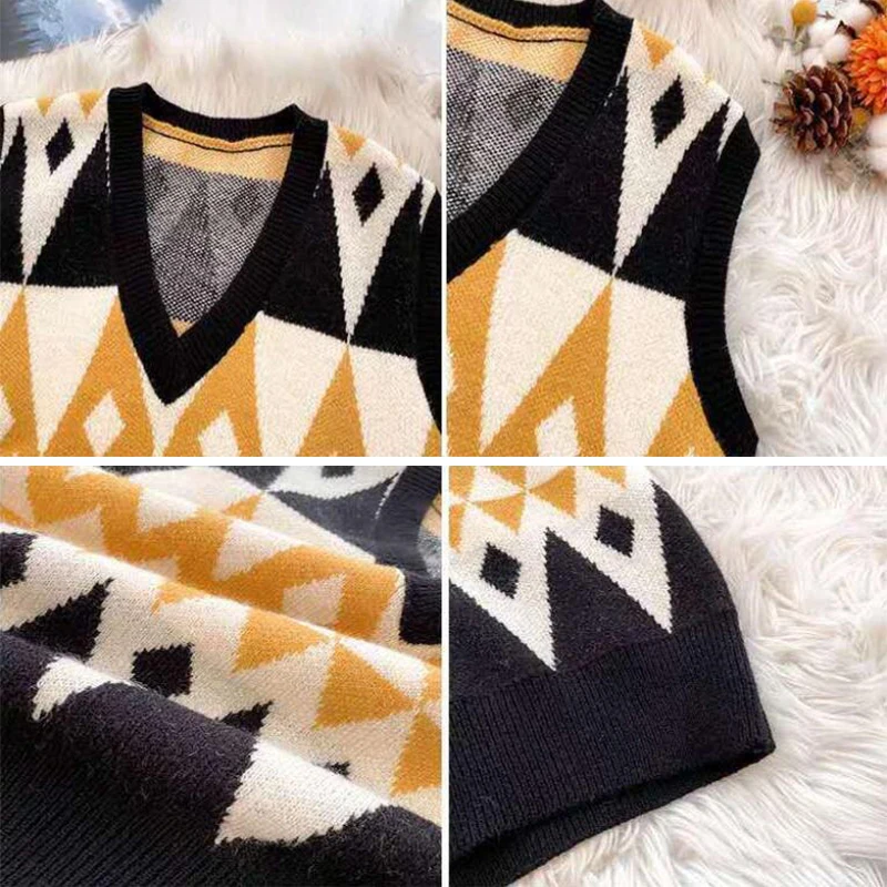 

Sweater Vest Women Sleeveless V-neck Argyle Knitted Casual Stylish Ulzzang Harajuku Luxury Womens Outwear Loose Plus Size 2XL BF