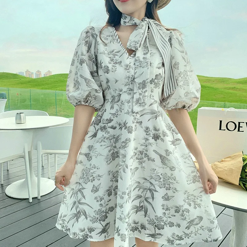 

Dresses Floral Vintage V Neck Shirt Sleeve Printing Party A-Line Summer Sweet European Puff Sleeve Chic Elegant Women Dress
