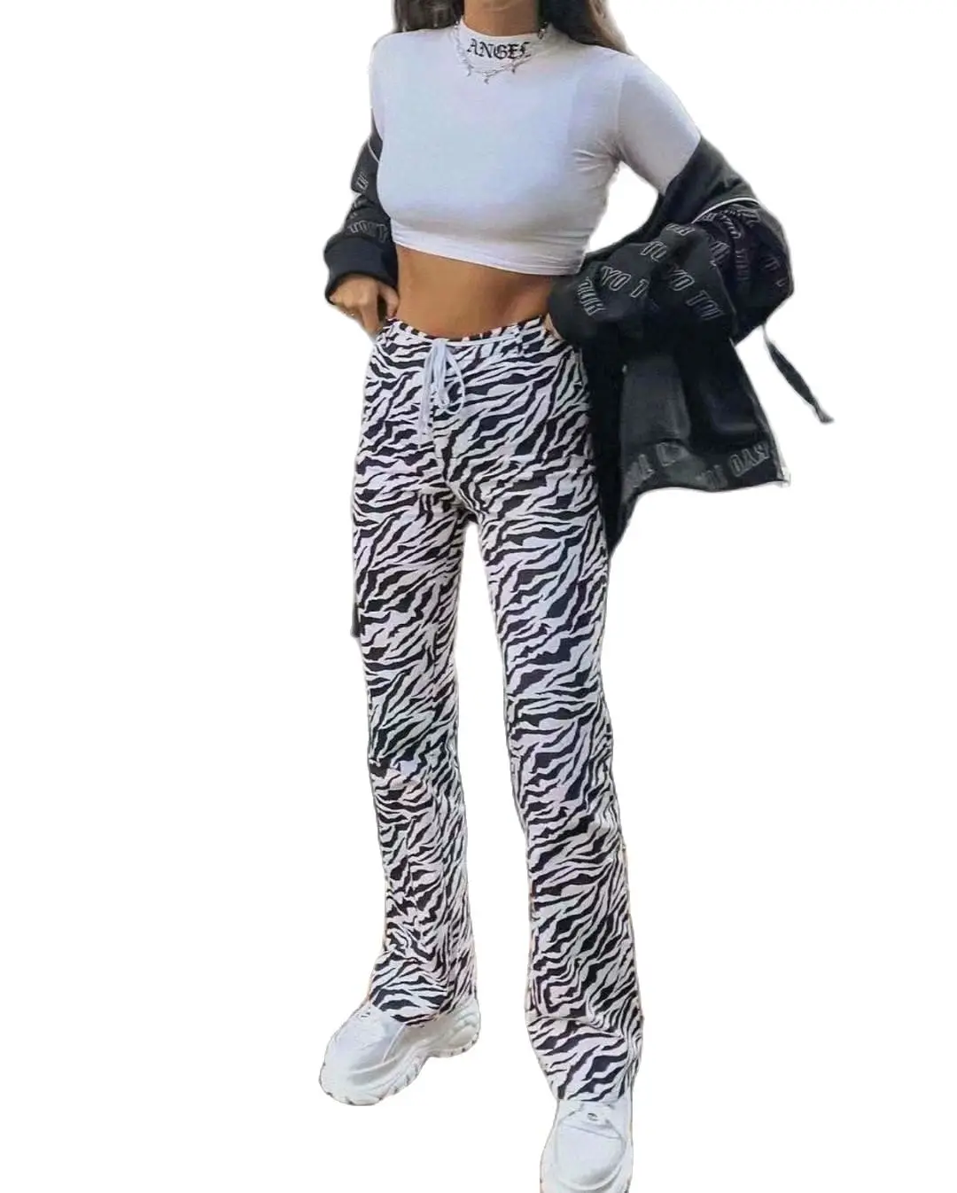 

2021 Spring New Ins Blogger Trend Black and White Animal Pattern High Waist Thin Micro La Casual Pants