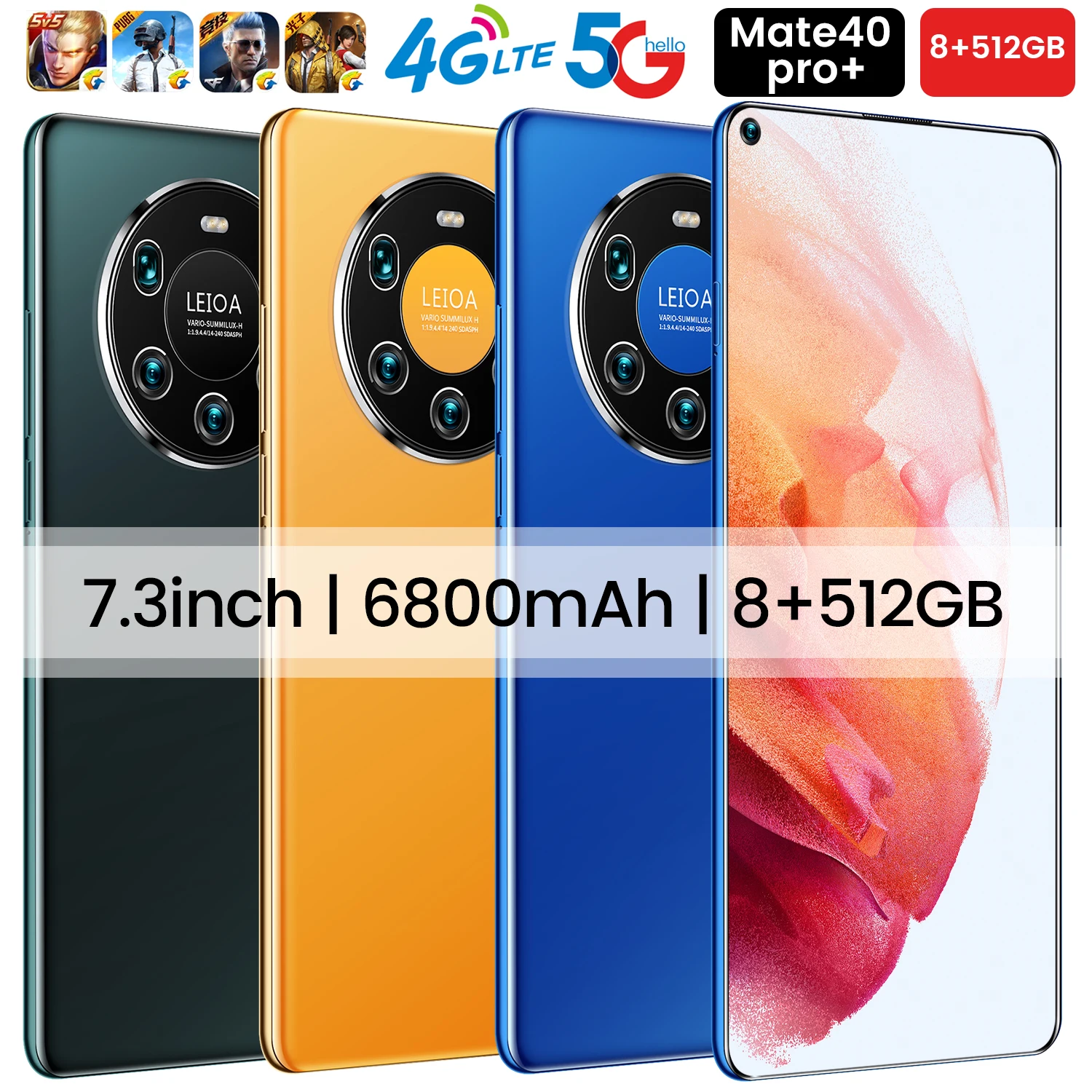 

Global Version Mate40 Pro+ 12 512GB 7.3 Inch HD Screen Deca Core 1440*3040 5G Smart Phone 6800mAh Andriod 10 Cellphones MTK6889